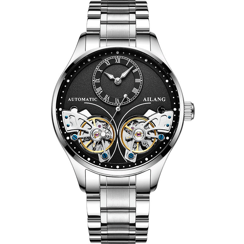 Silver watch with black face and visible mechanical components on a white background
