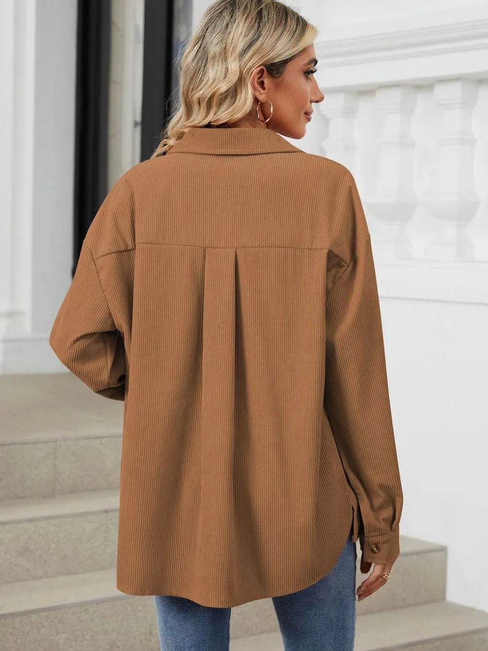 Button Up Dropped Shoulder Long Sleeve Outerwear - Millivan supplies 
