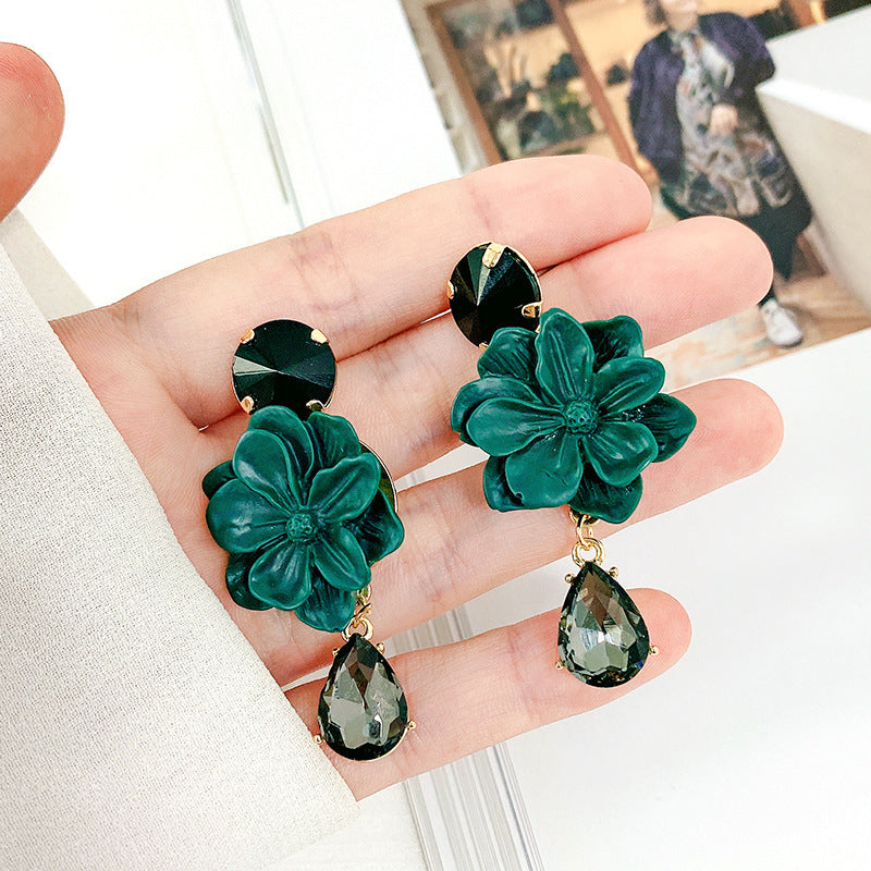 High-quality Green Crystal Flower Long Women's Earrings