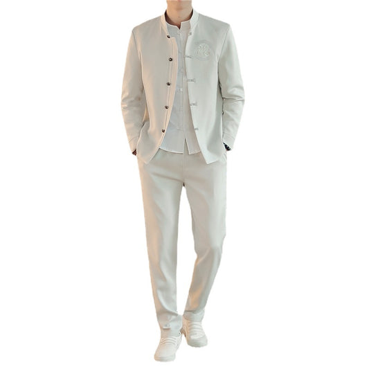 Light gray suit with a white shirt on a white background