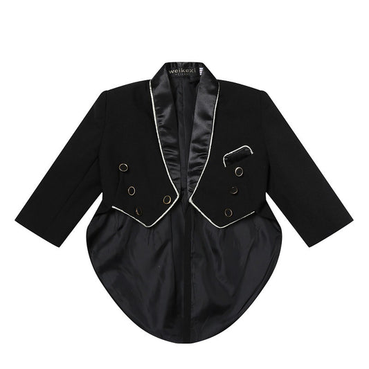 Black formal outfit with satin lapels on a white background