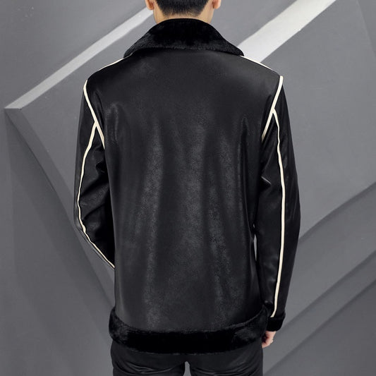 Black leather jacket with white accents on a geometric gray background