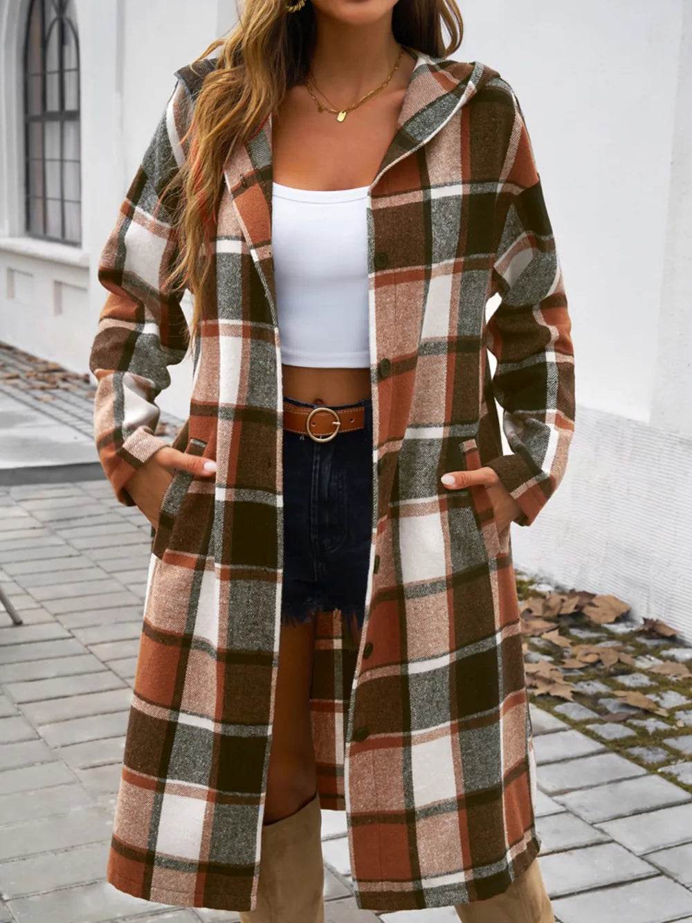 Devine Plaid Long Sleeve Hooded Coat - Millivan supplies 