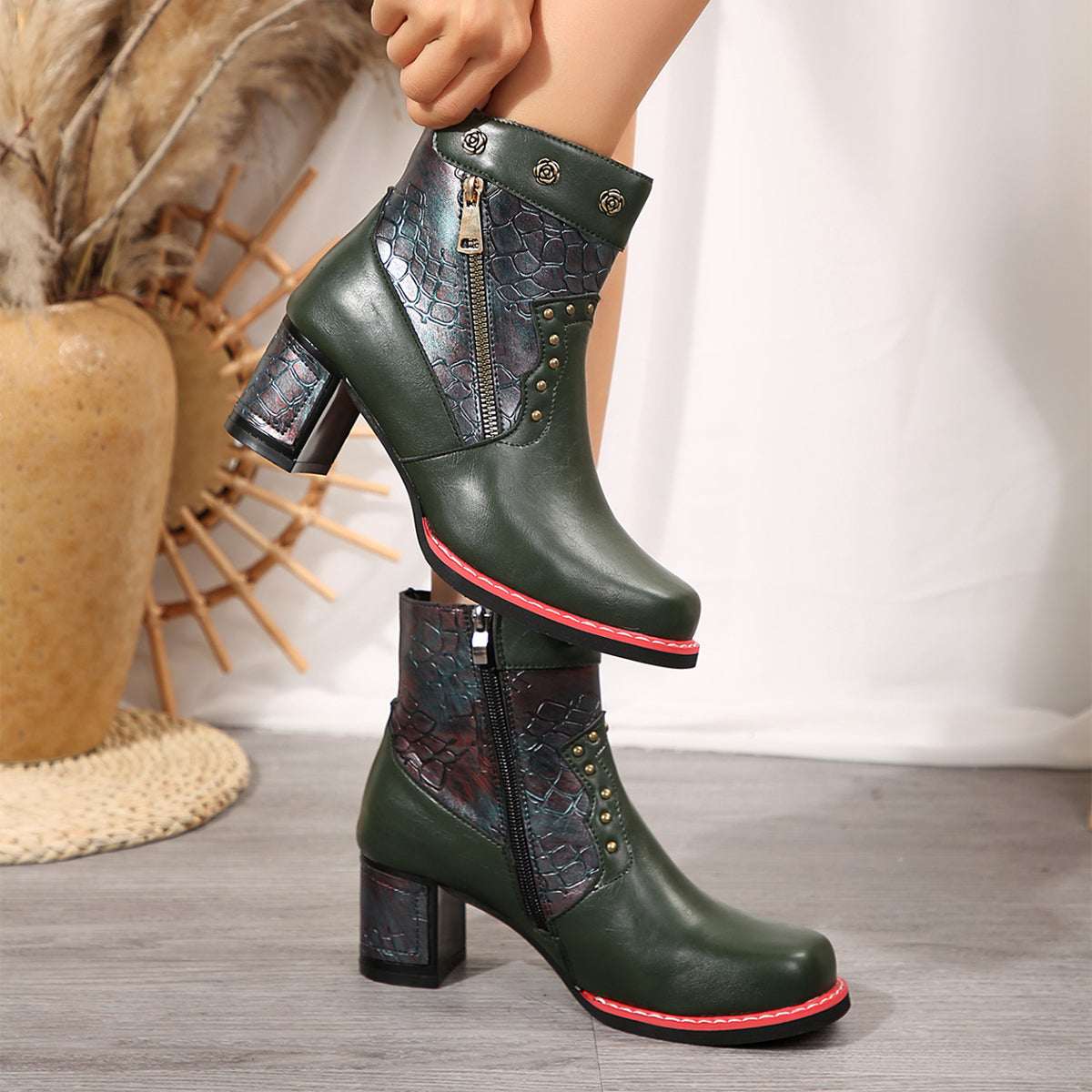 Women's Chunky Heel Square Toe Ankle Boots – Rivet Double Zipper Retro Ethnic Short Boots