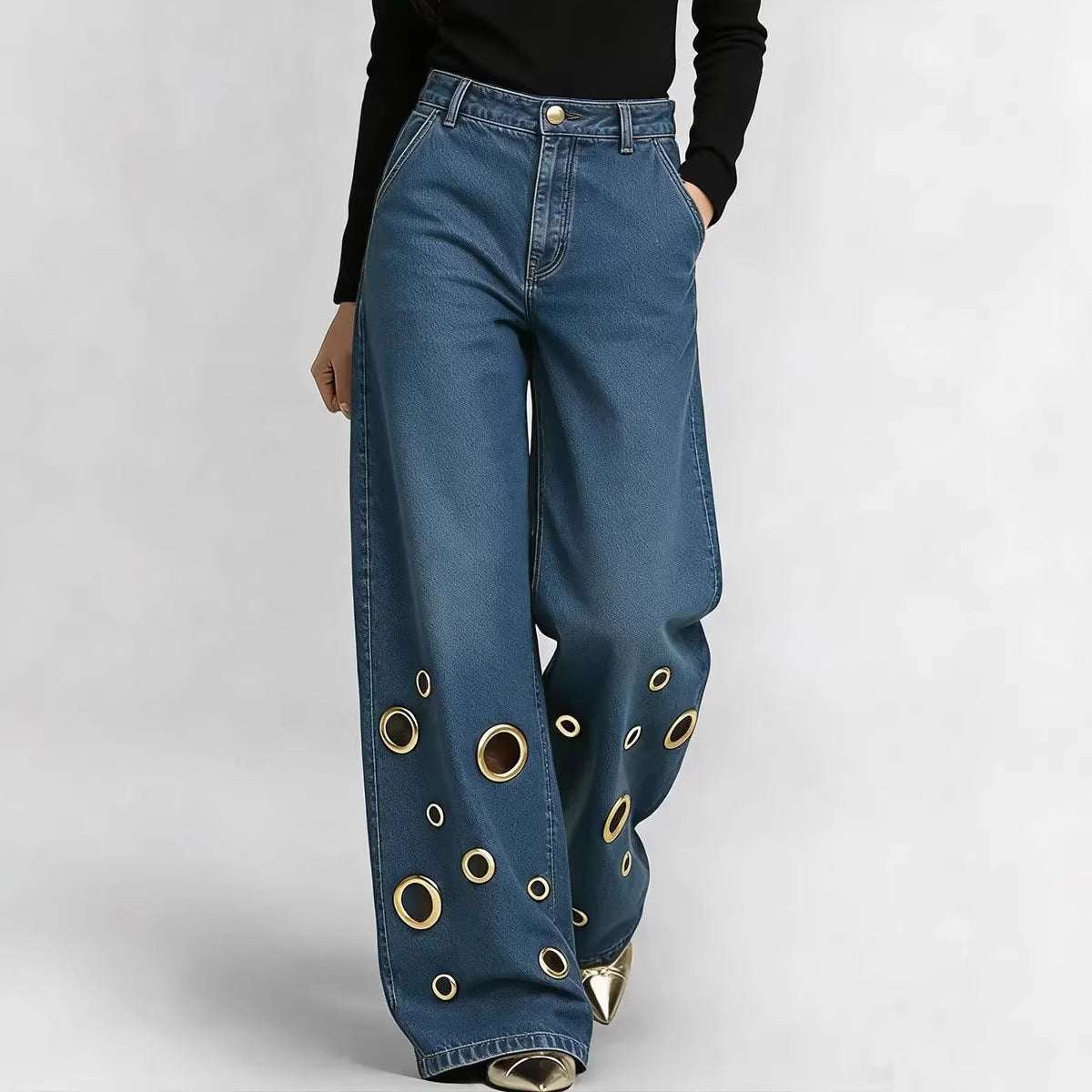 Women's Loose-Fit Straight-Leg Jeans | Cutout & Metal Eyelet Detail | 4 Colours | S–2XL
