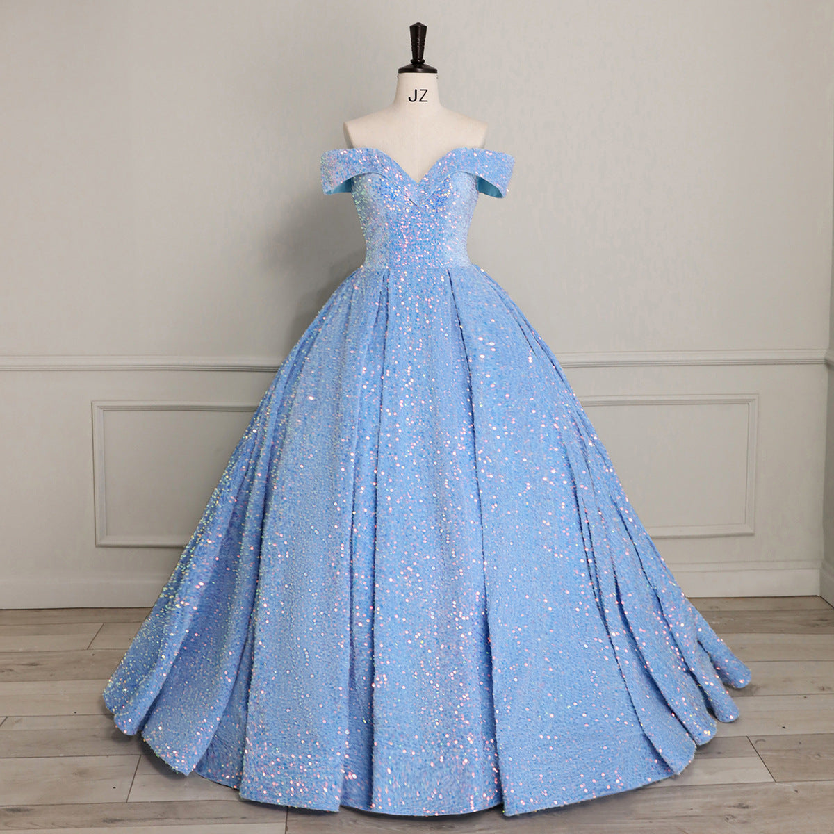 Paillette Sequined Lace Sleeveless Belt-Detail Ball Gown Wedding Dress
