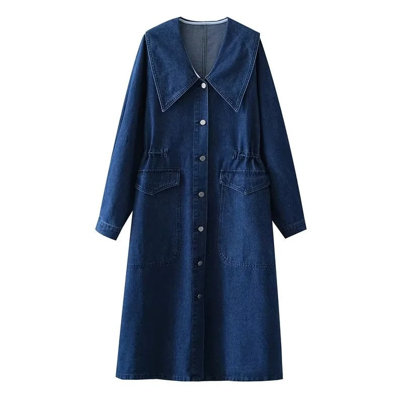 Blue denim dress with a collar on a white background