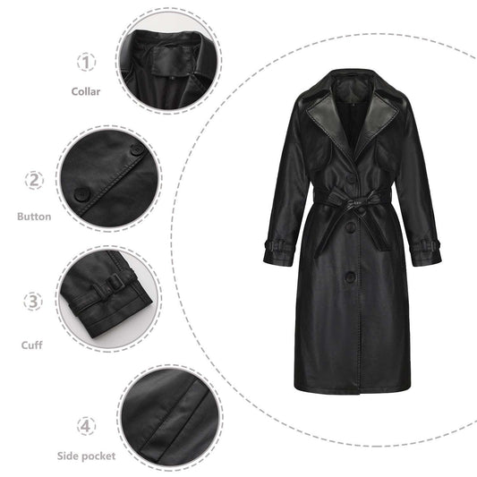 Women's Long Loose Trench Coat – Elegant PU Windbreaker Jacket for Spring & Autumn | Beige, Black, Brown, Camel, Navy Blue | S–2XL
