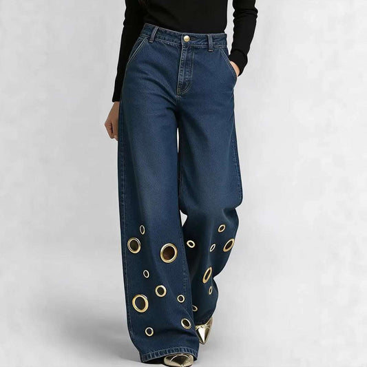 Women's Loose-Fit Straight-Leg Jeans | Cutout & Metal Eyelet Detail | 4 Colours | S–2XL