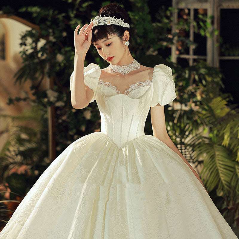 Vintage French Satin Strap Wedding Dress | Floor-Length & Trailing | S–2XL