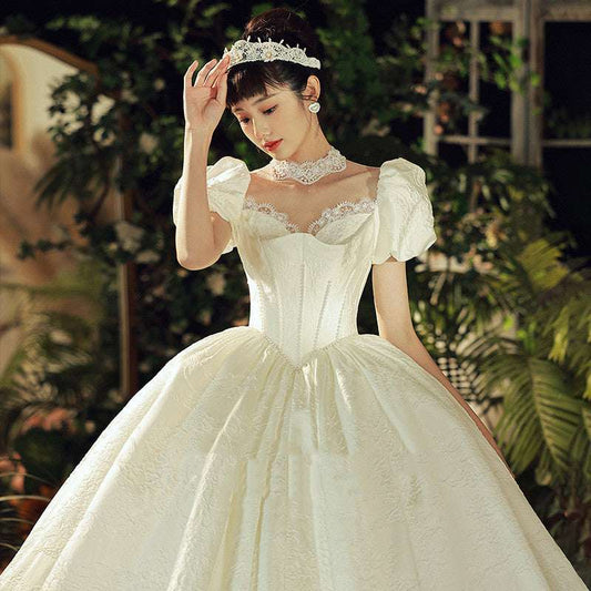 Vintage French Satin Strap Wedding Dress | Floor-Length & Trailing | S–2XL
