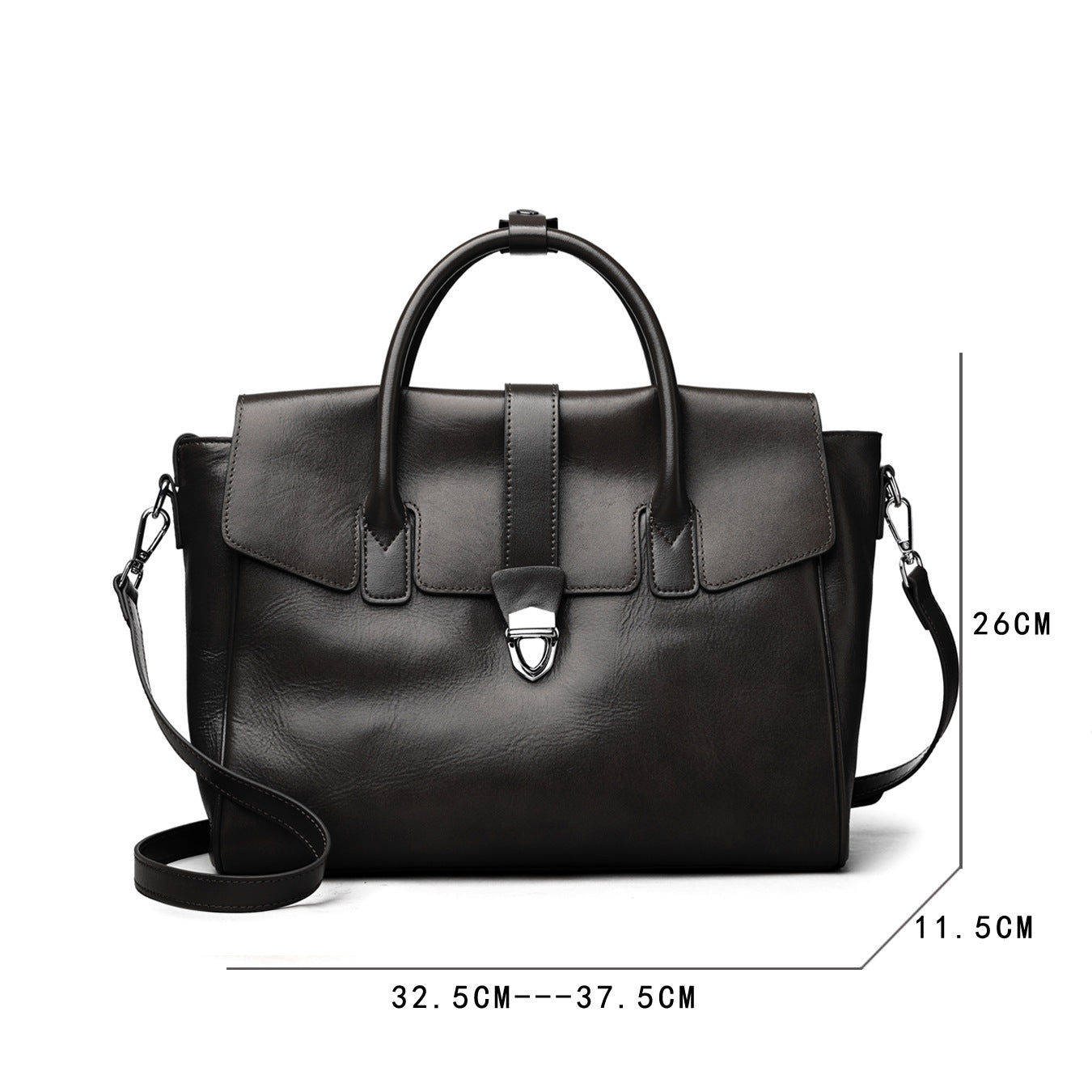 Black leather handbag with measurements on a white background