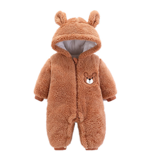 Brown teddy bear-themed baby onesie on a white background