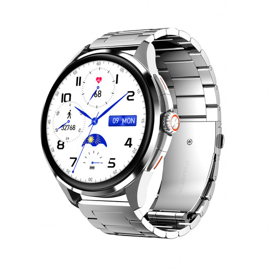 Silver smartwatch with a detailed face on a white background