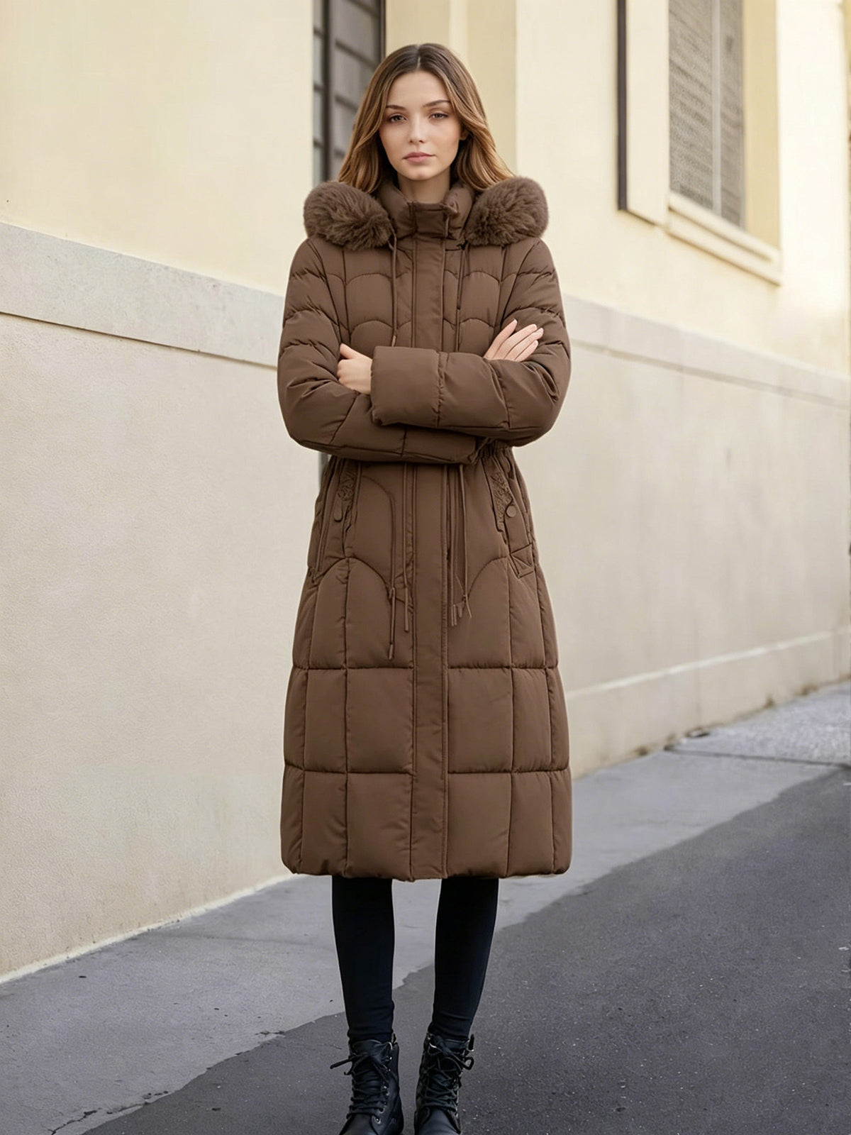 A woman stands outdoors wearing a long brown puffer coat with a large faux-fur trimmed hood, black leggings, and black lace-up boots, posed with arms crossed against a beige building wall.