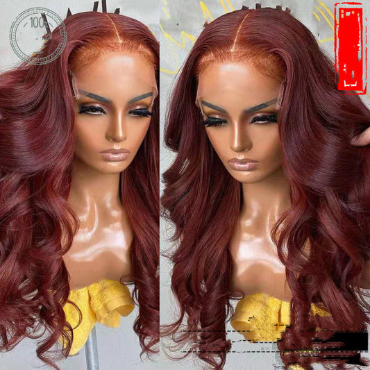Red wig on a mannequin head with a yellow flower, against a light gray background.