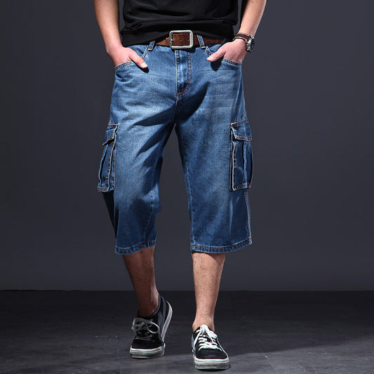 Men's Summer Workwear Jeans - Adult Loose Multi-Pocket Cropped Pants