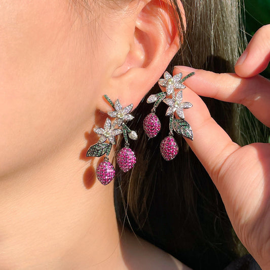 Zircon Water Drops Vintage Plant Silver Needle Camellia Earrings