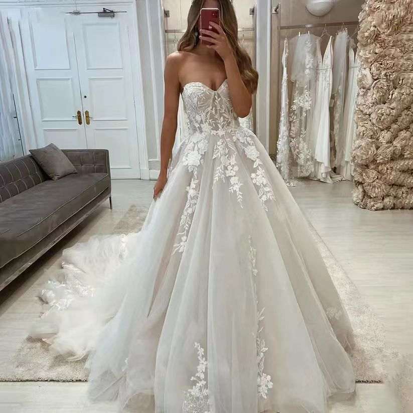 Lace Tube Top Tulle Wedding Dress | White & Ivory | US 2–14 & 14W–26W