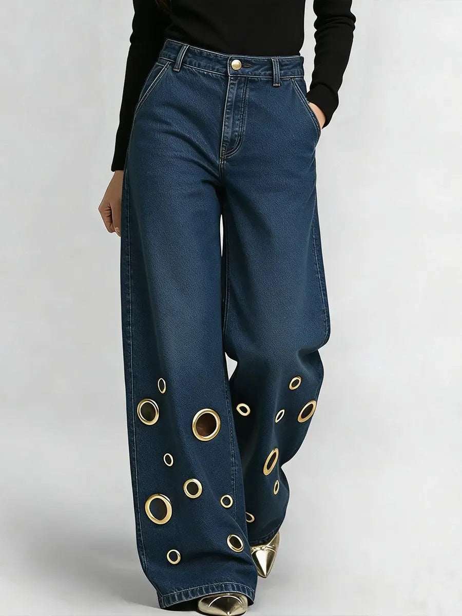 Women's Loose-Fit Straight-Leg Jeans | Cutout & Metal Eyelet Detail | 4 Colours | S–2XL