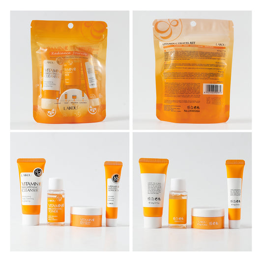 Collage of skincare product packaging with orange and white design on a white background
