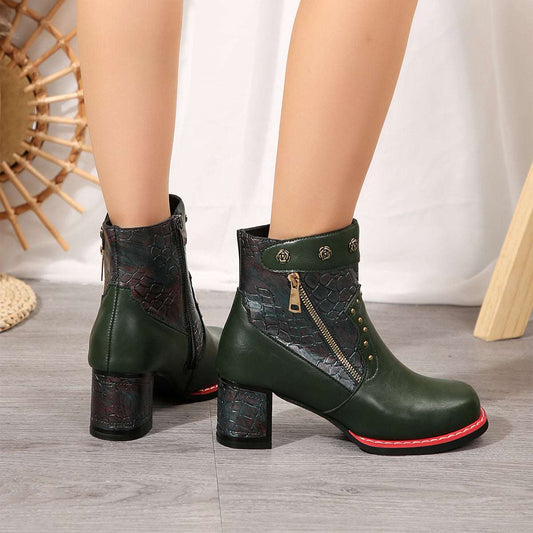 Women's Chunky Heel Square Toe Ankle Boots – Rivet Double Zipper Retro Ethnic Short Boots