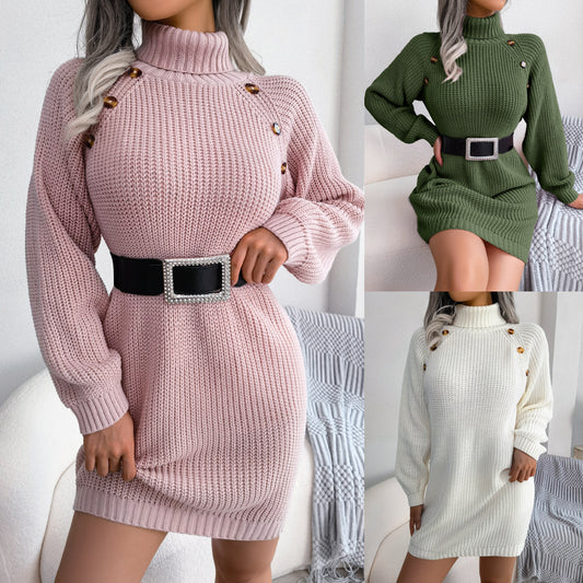 Three knitted dresses in pink, green, and white with button details on a neutral background. by millivan