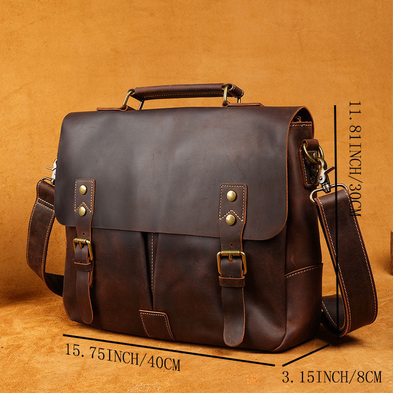Brown leather briefcase with measurements on a brown background