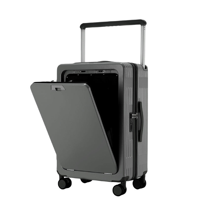 Gray suitcase with open front compartment on a white background