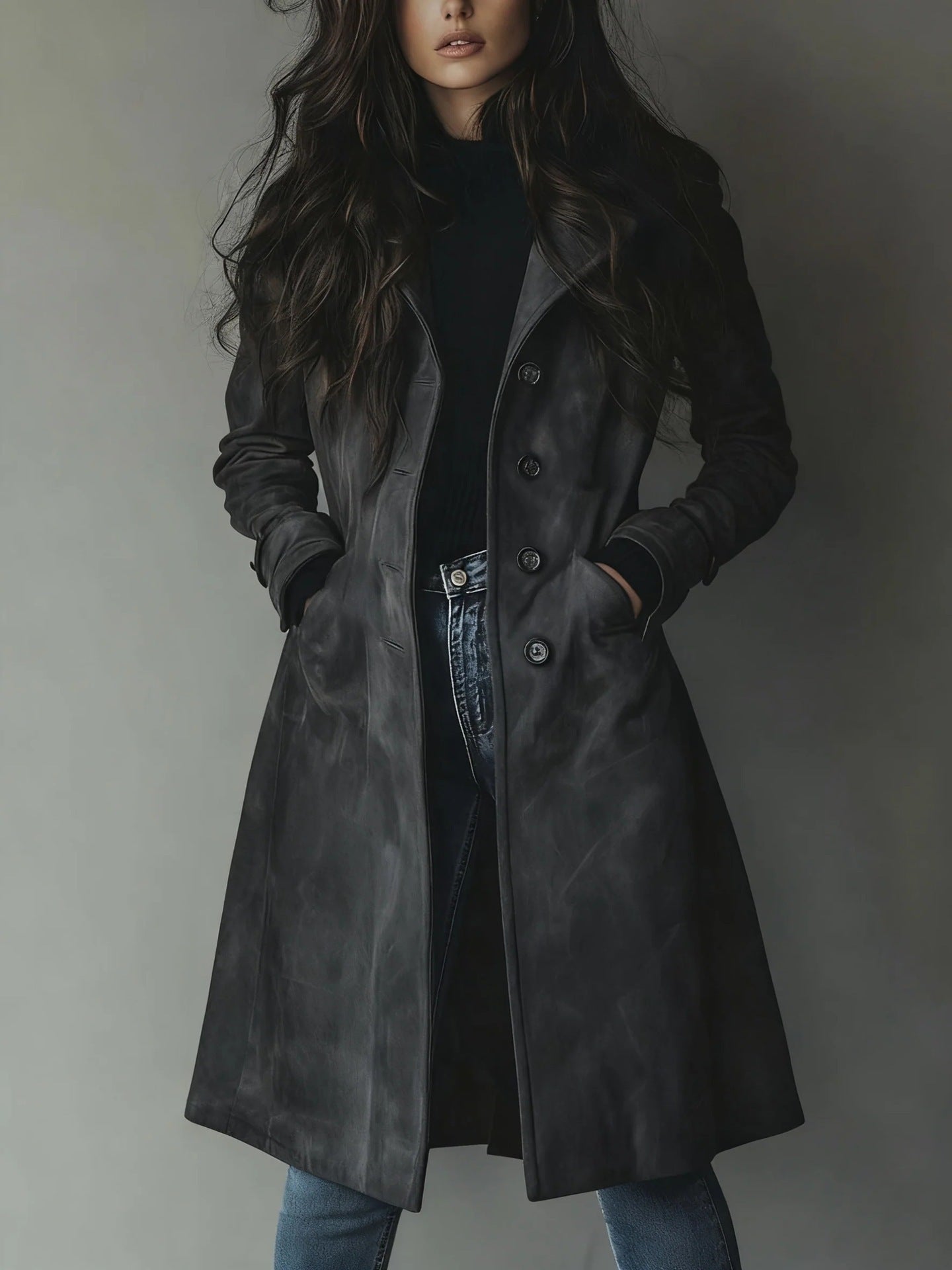 Woman wearing a long dark coat against a plain background