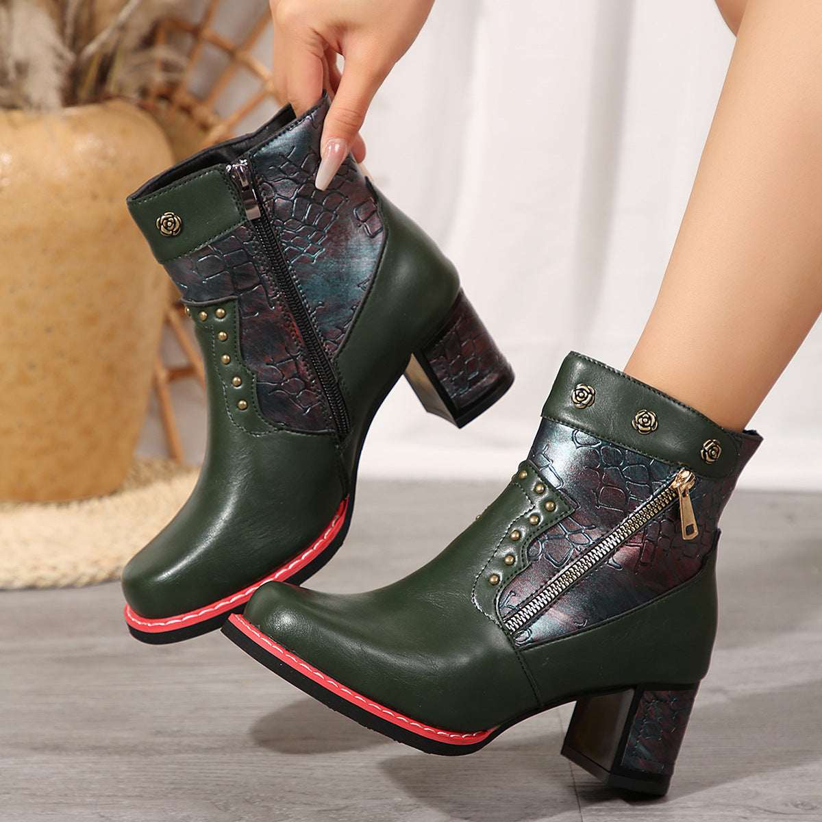 Women's Chunky Heel Square Toe Ankle Boots – Rivet Double Zipper Retro Ethnic Short Boots