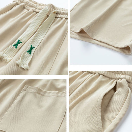 Collage of beige pants with green accents on a white background