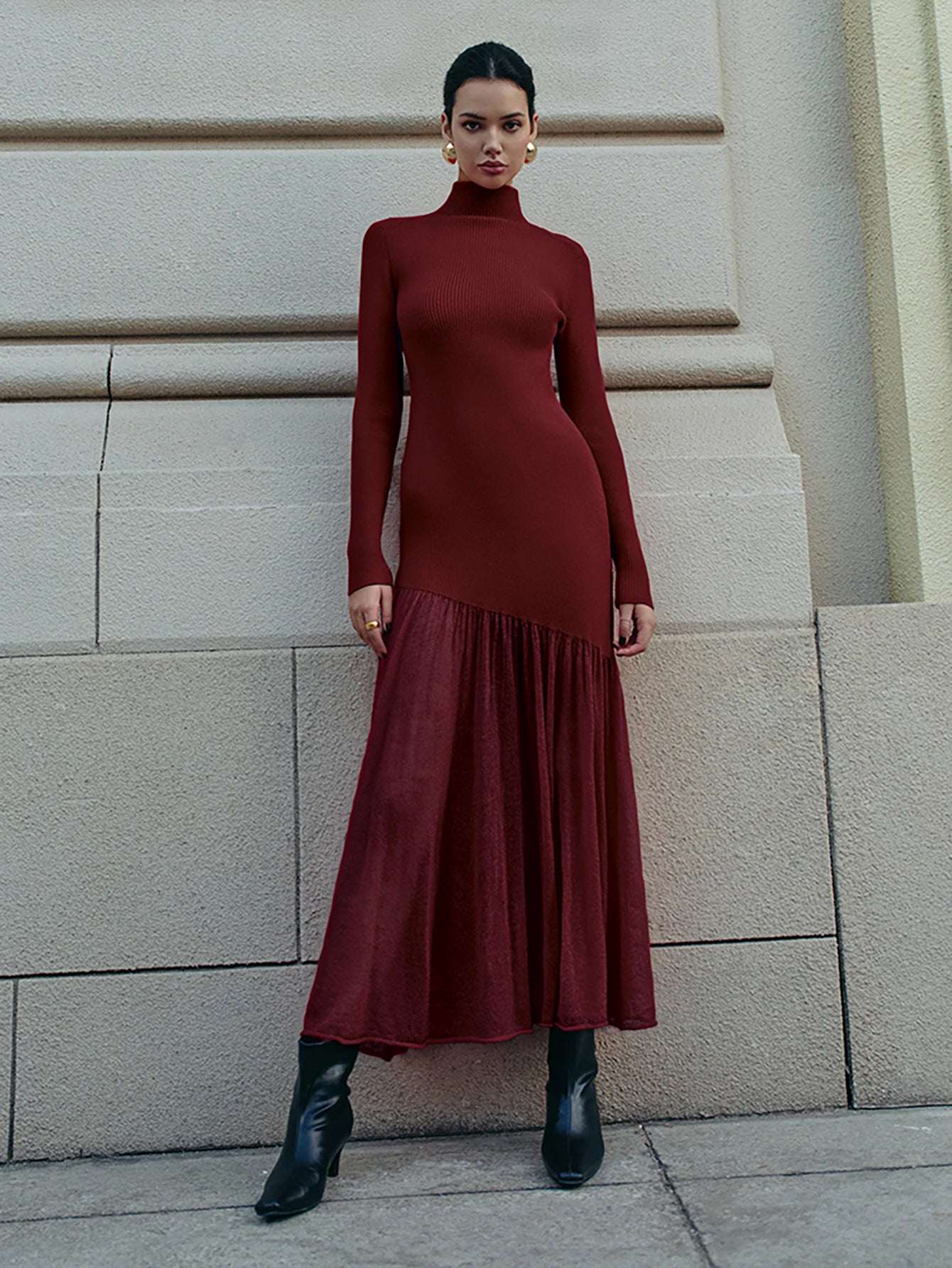 Women's Pullover Knit A-Line Maxi Dress | Black, Deep Burgundy & Red | XS–XL