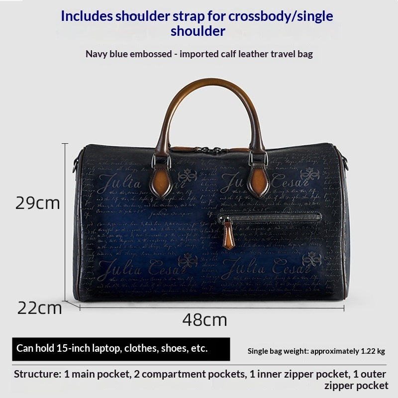 A navy blue embossed leather travel bag with brown handles and trim, shown with dimension labels (29cm, 22cm, 48cm) and text describing its features and capacity on a light gray background.