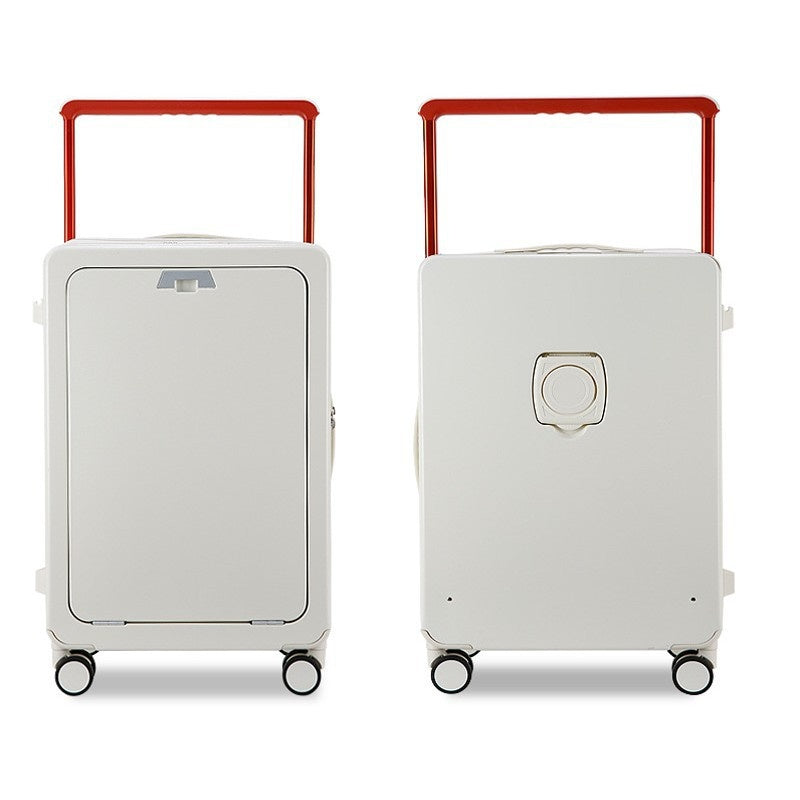 White suitcase with red handle on a white background