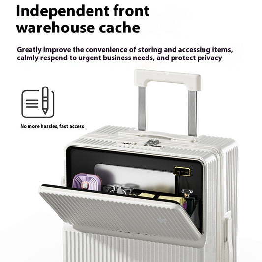 White suitcase with an open front compartment displaying items, text about independent front warehouse cache.