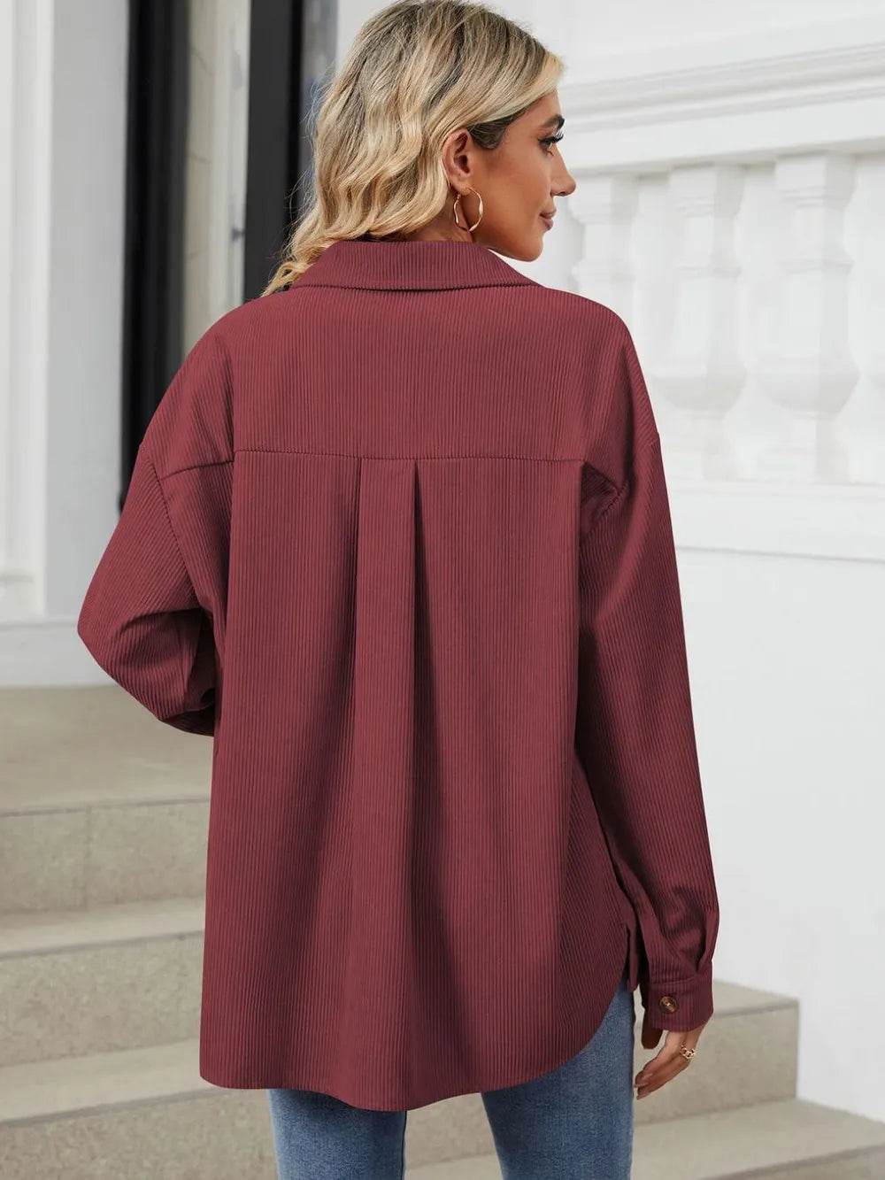 Button Up Dropped Shoulder Long Sleeve Outerwear - Millivan supplies 