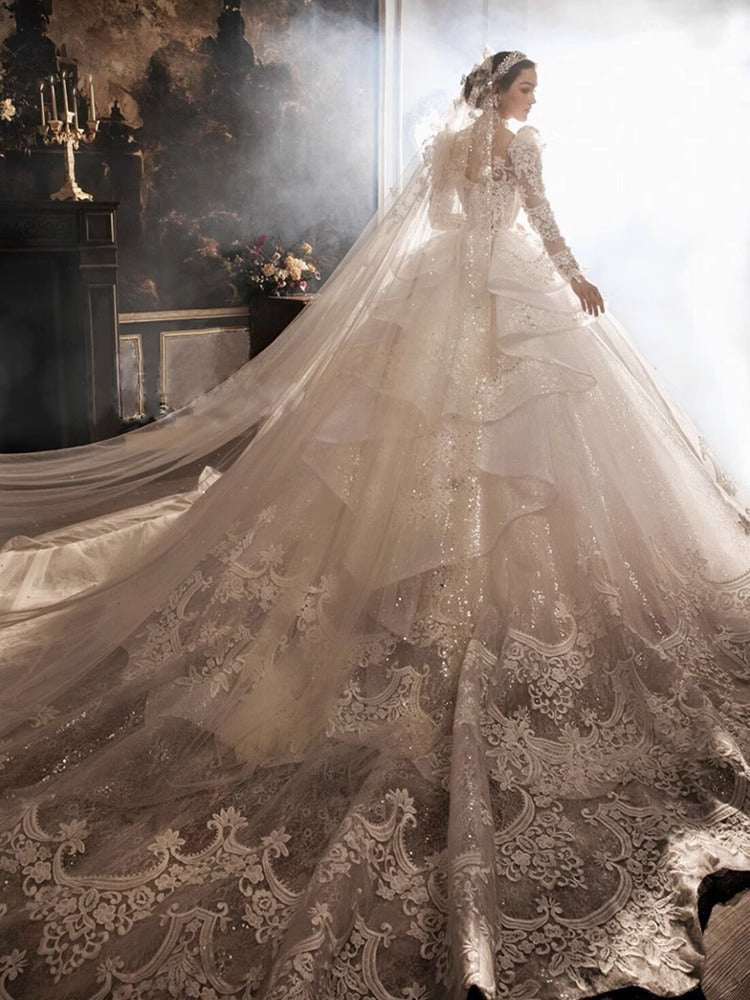 Women's European Royal Court Princess Wedding Dress – Heavy Lace Sequin Gown with Princess Sleeves | Floor-Length & Trailing | XS–XXL