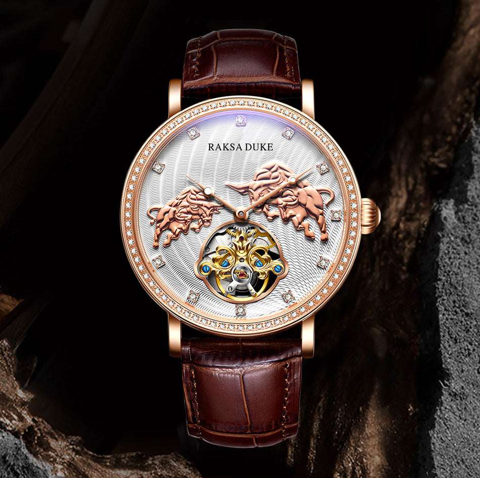 Men's Diamond-Embedded Commemorative Mechanical Watch – Antique Style Genuine Leather Strap Waterproof | Rose White