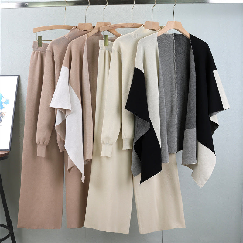 Women's Autumn Knitted Three-Piece Set - Adult European Fashion Shawl & Wide Leg Pants