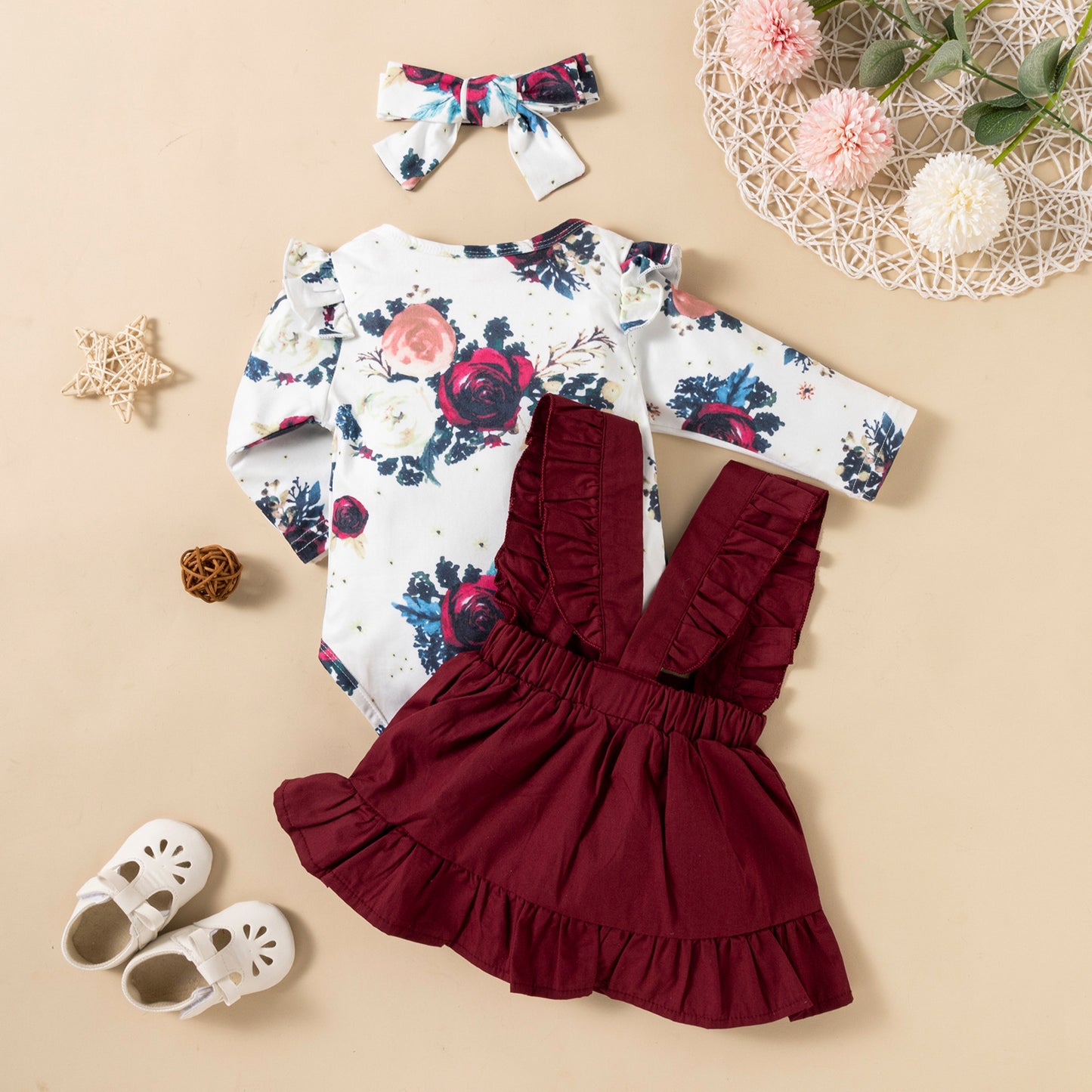 Printed Long-sleeved Baby Girl Romper, Two-color Strap Ruffled Dress Headdress, Three Pieces