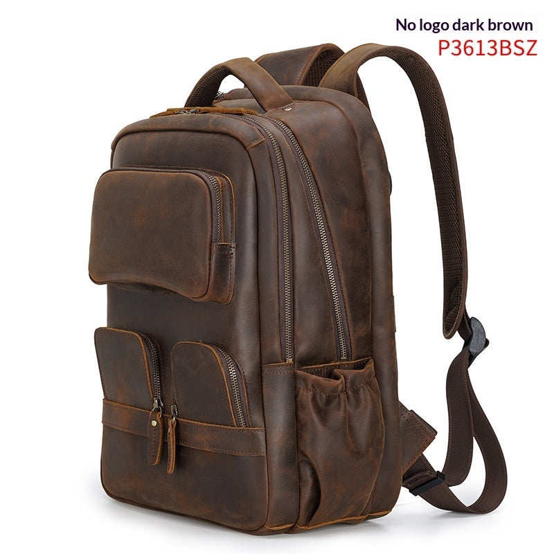 Brown leather backpack on a white background