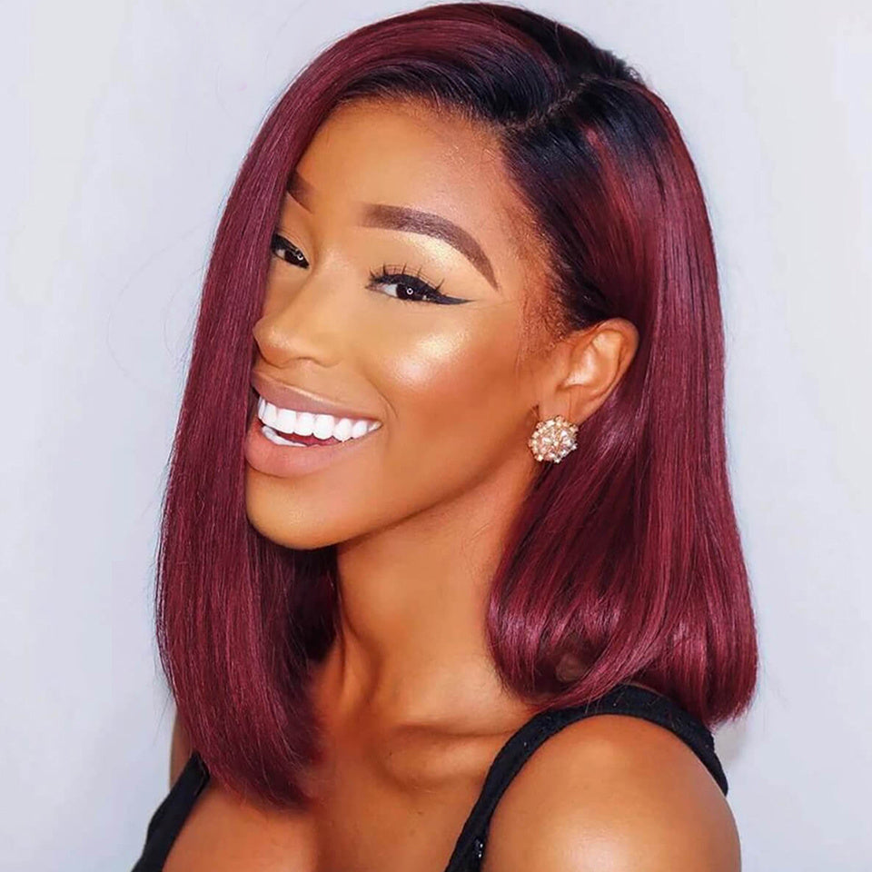 Woman with burgundy hair and a white background