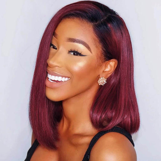 Woman with burgundy hair and a white background