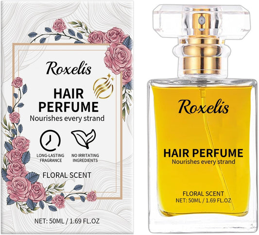 Roxelis hair perfume bottle and packaging with floral design on a white background