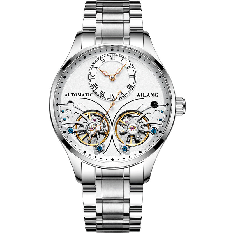 Silver watch with white face and visible mechanical components on a white background