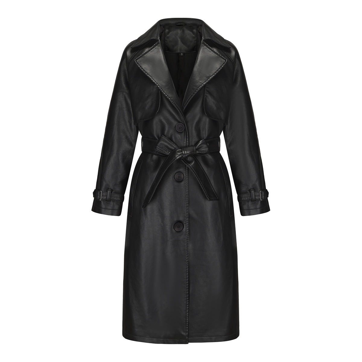 Black leather coat with a belt on a white background