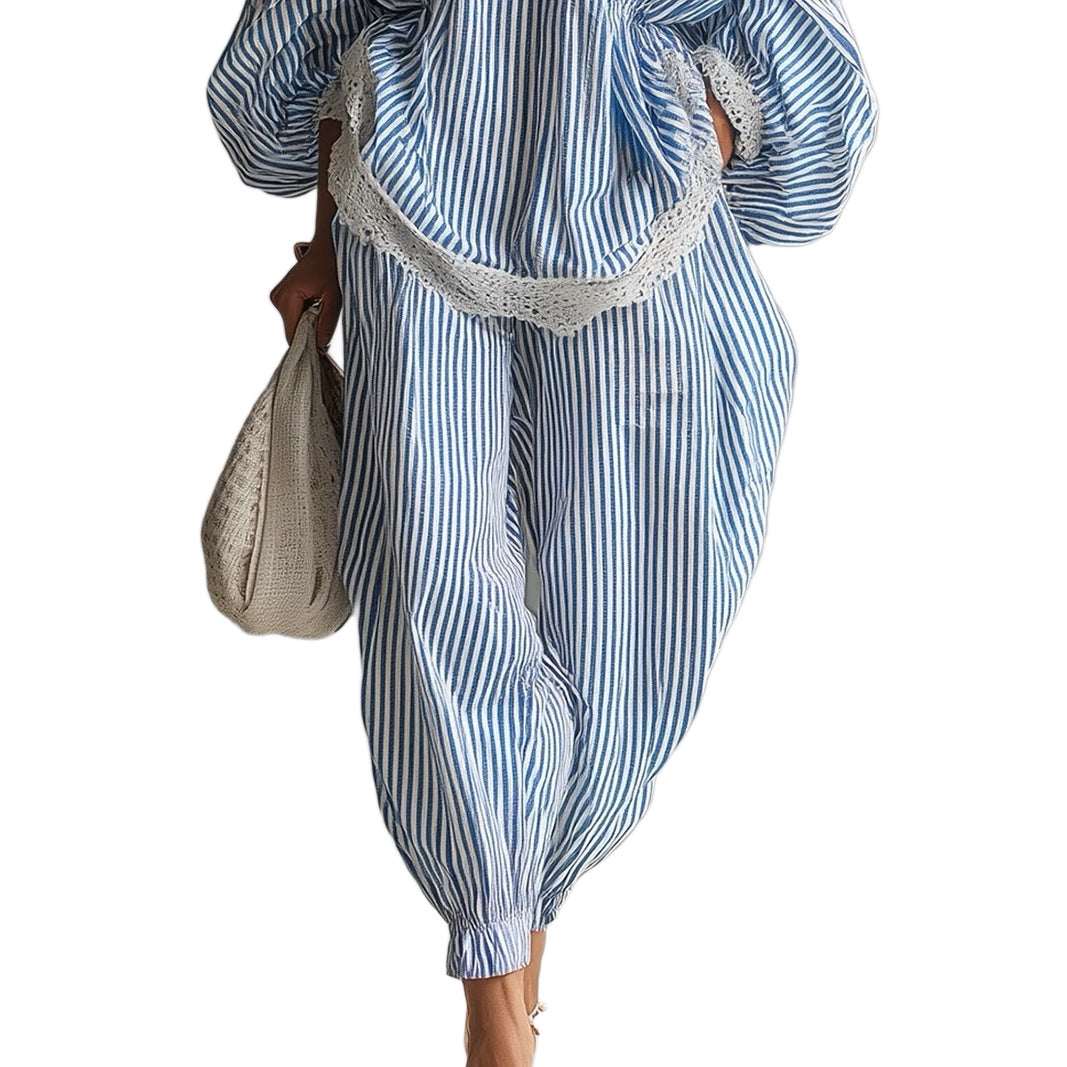 Blue & White Stripe Lace-Trim Puff Sleeve 2-Piece Set | S–2XL