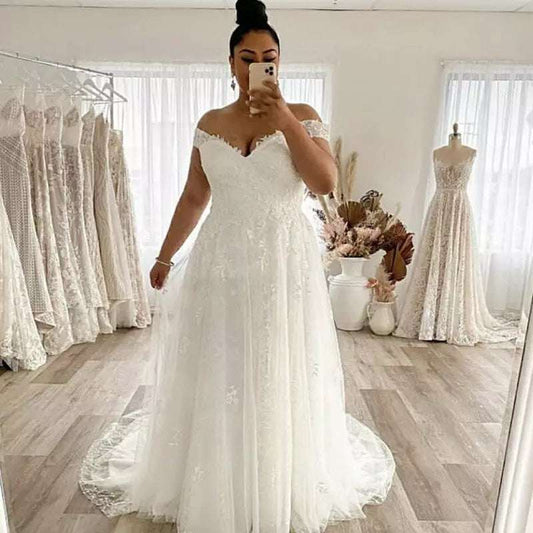 Off-Shoulder A-Line Mesh Wedding Dress | White | US 2–16