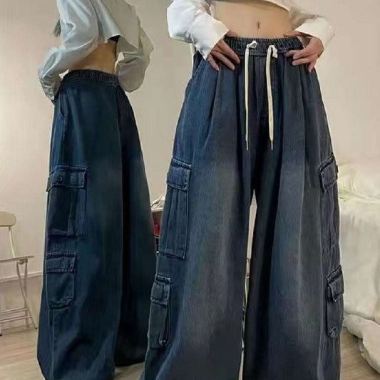 Women's Loose Wide-Leg Jeans – High-Elasticity Denim Tooling Straight Trousers | Black Grey & Blue | M–3XL